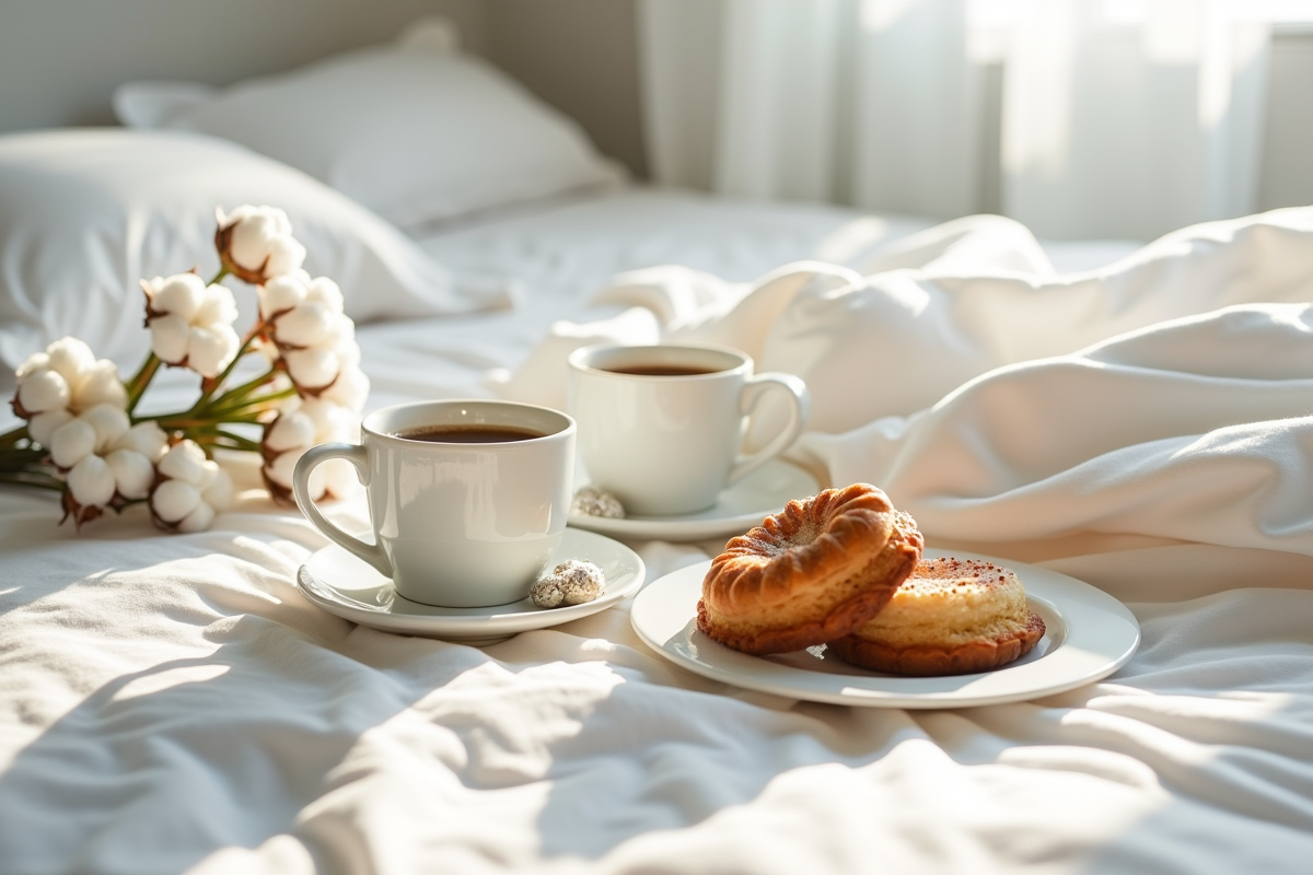 Petit déjeuner romantique dans le lit avec café et fleurs de coton
