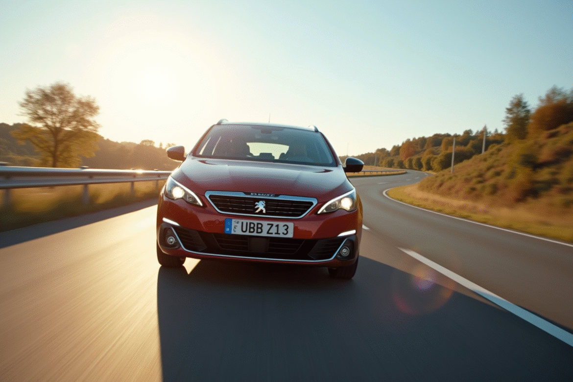 Peugeot 308 GT automatique en mouvement sur l'autoroute ensoleillée
