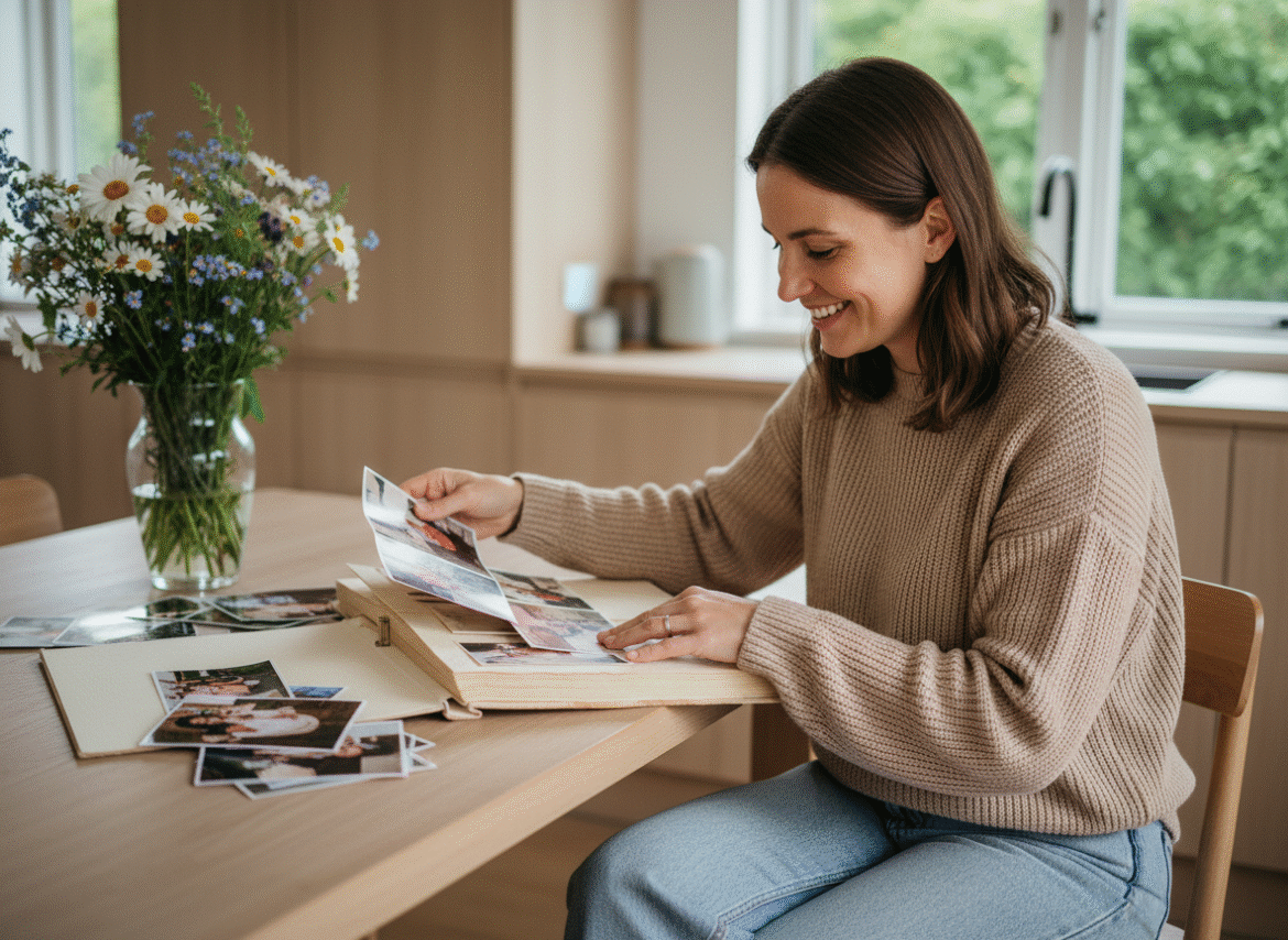 Femme souriante arrangeant photos dans un album familial