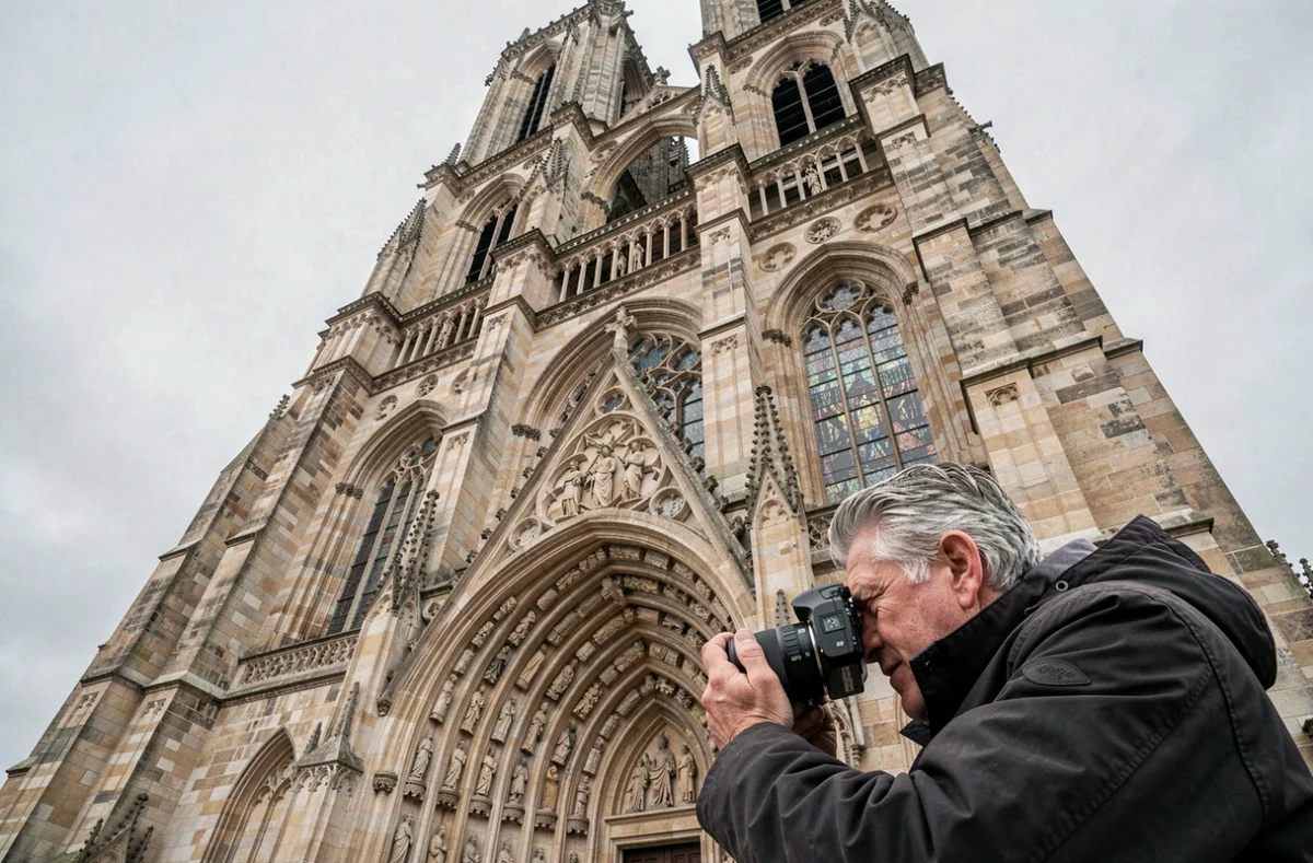 Photographe du patrimoine capturant la façade gothique d'une cathédrale à Châlons-en-Champagne pour Pierre et Lumière Photographe patrimonial
