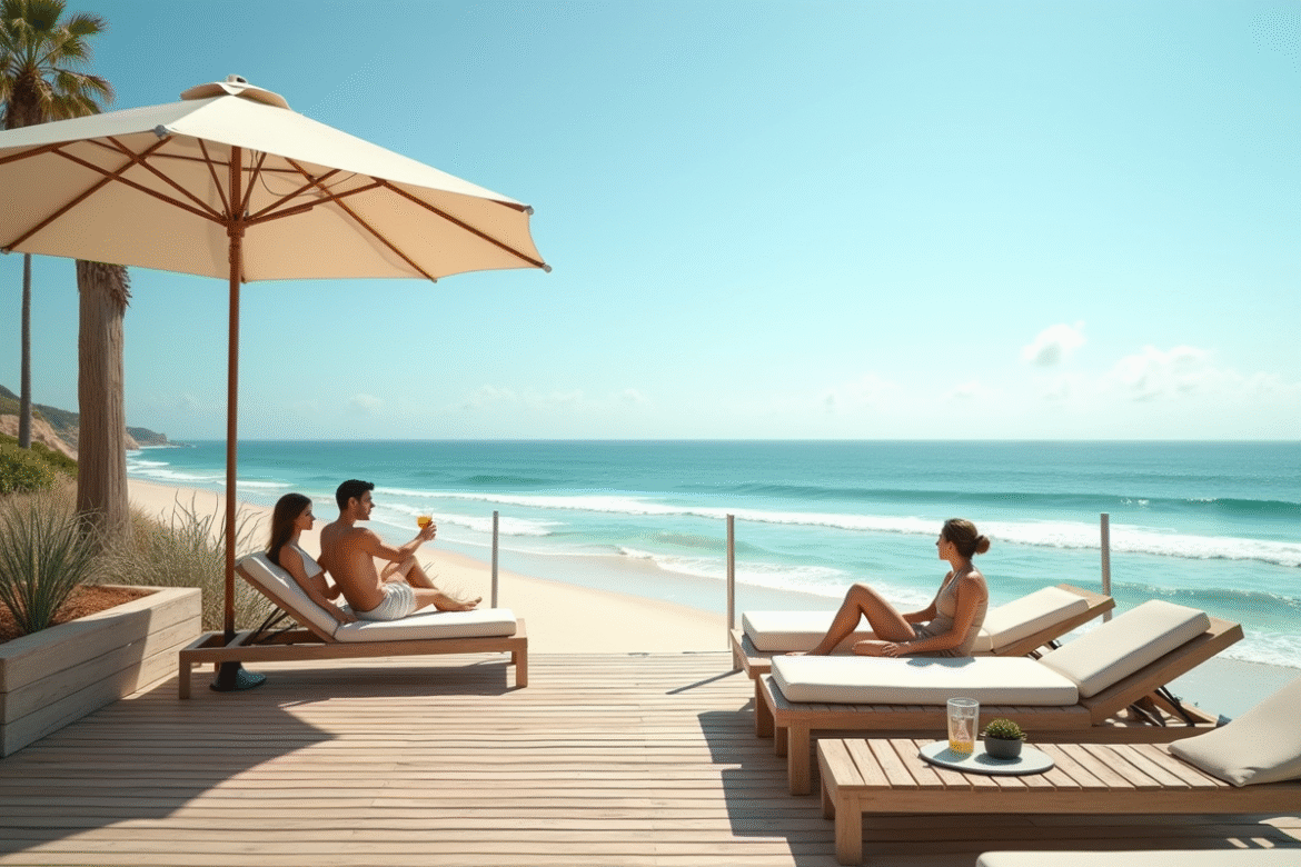 Vue d'une terrasse en bois élégante sur la plage de Comporta avec transats et couple