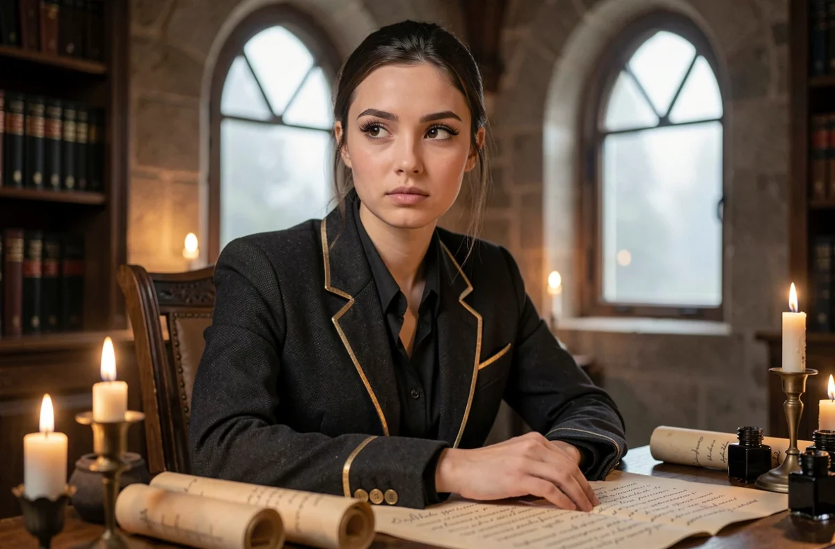 Portrait rapproché d'une jeune femme en blazer académique sombre assise à un bureau d'étude médiéval avec des parchemins, dans l'univers d'une académie de démons inspirée d'un manga