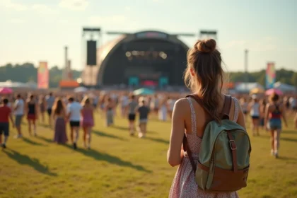 Jeune femme découvrant l'entrée du festival des Vieilles Charrues pour la première fois, sac à dos et robe fleurie, foule et scène en arrière-plan