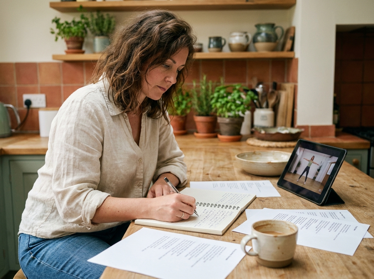 Femme préparant calmement l'ouverture de bal de son mariage avec des notes et une tablette à la maison