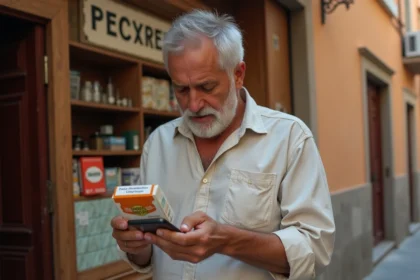 Un homme d'âge mûr examine le prix d'une cartouche de cigarettes devant un estanco espagnol