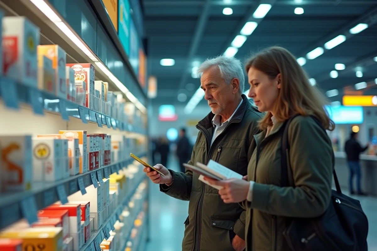 Deux amis comparent les prix des cartouches de cigarettes dans un duty-free d'un aéroport espagnol