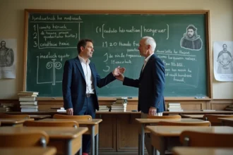 Professeur d'histoire au collège enseignant le roi Charles VI devant un tableau noir rempli de notes médiévales