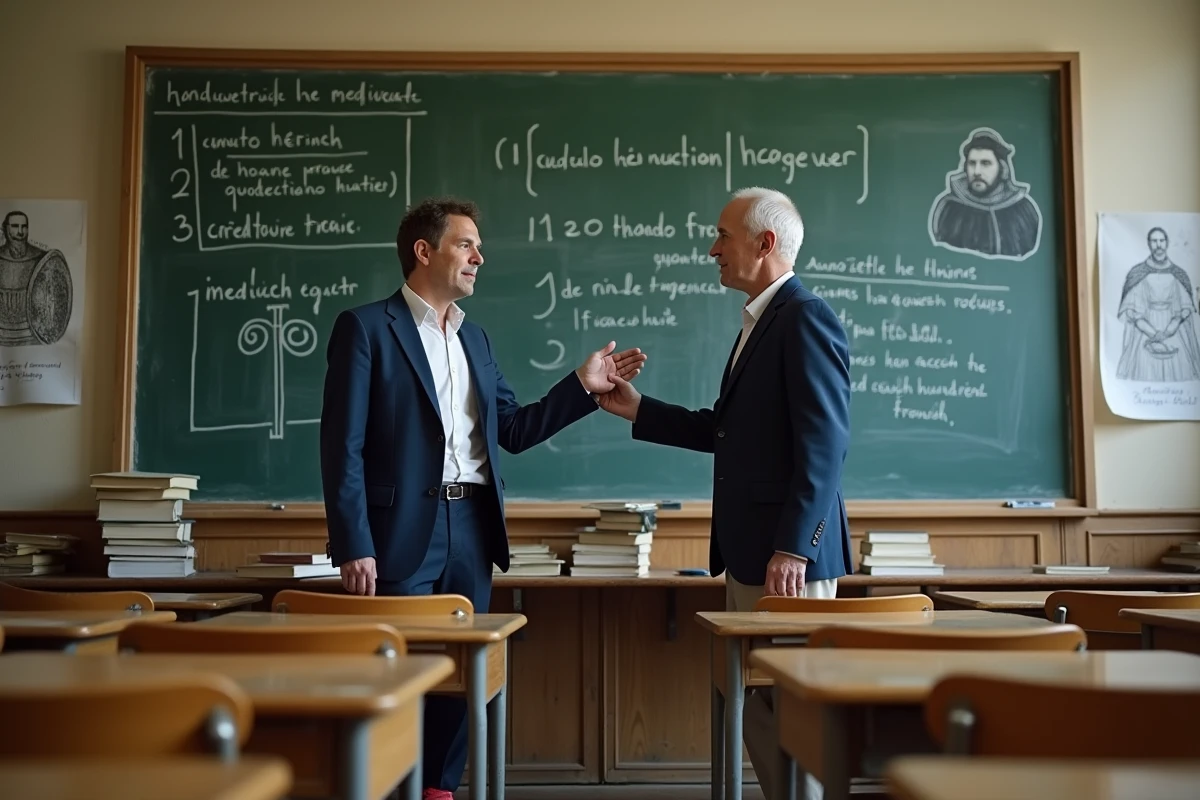 Professeur d'histoire au collège enseignant le roi Charles VI devant un tableau noir rempli de notes médiévales