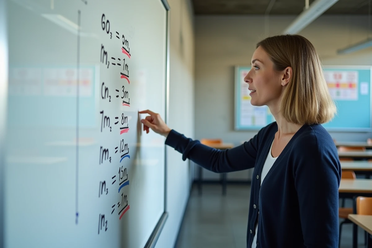 Professeure de mathématiques expliquant un tableau de conversion de volumes en m3 et dm3 au tableau blanc d'une salle de collège