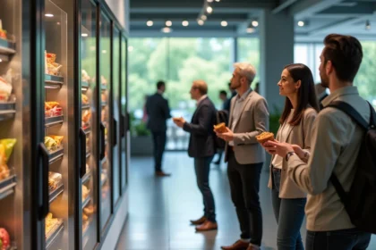 Groupe de professionnels dans un lobby d'entreprise autour d'un distributeur de snacks