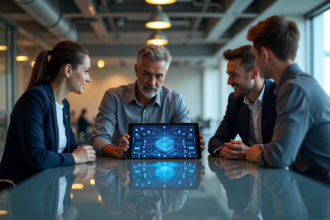 Groupe de professionnels examinant un diagramme blockchain