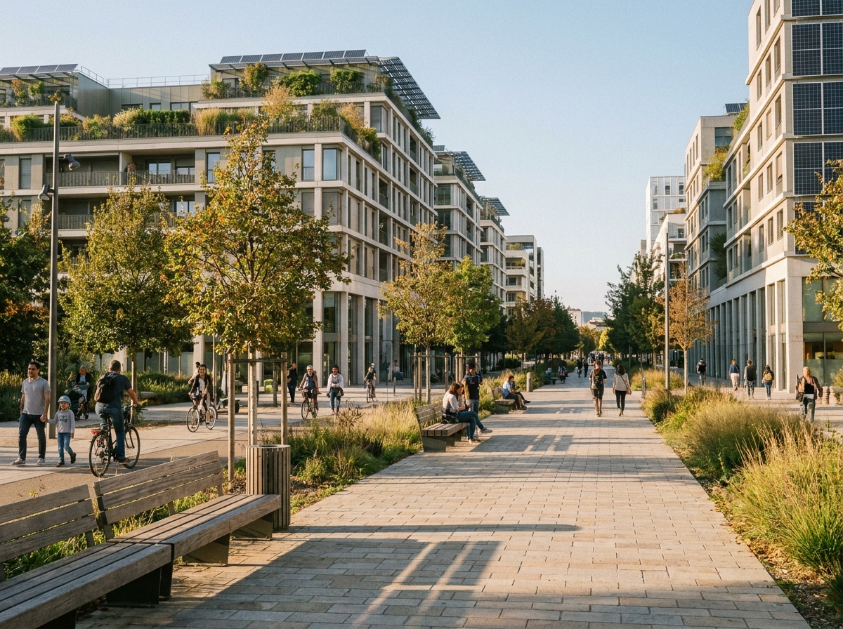 Promenade piétonne et architectures écologiques du quartier Confluence à Lyon en automne