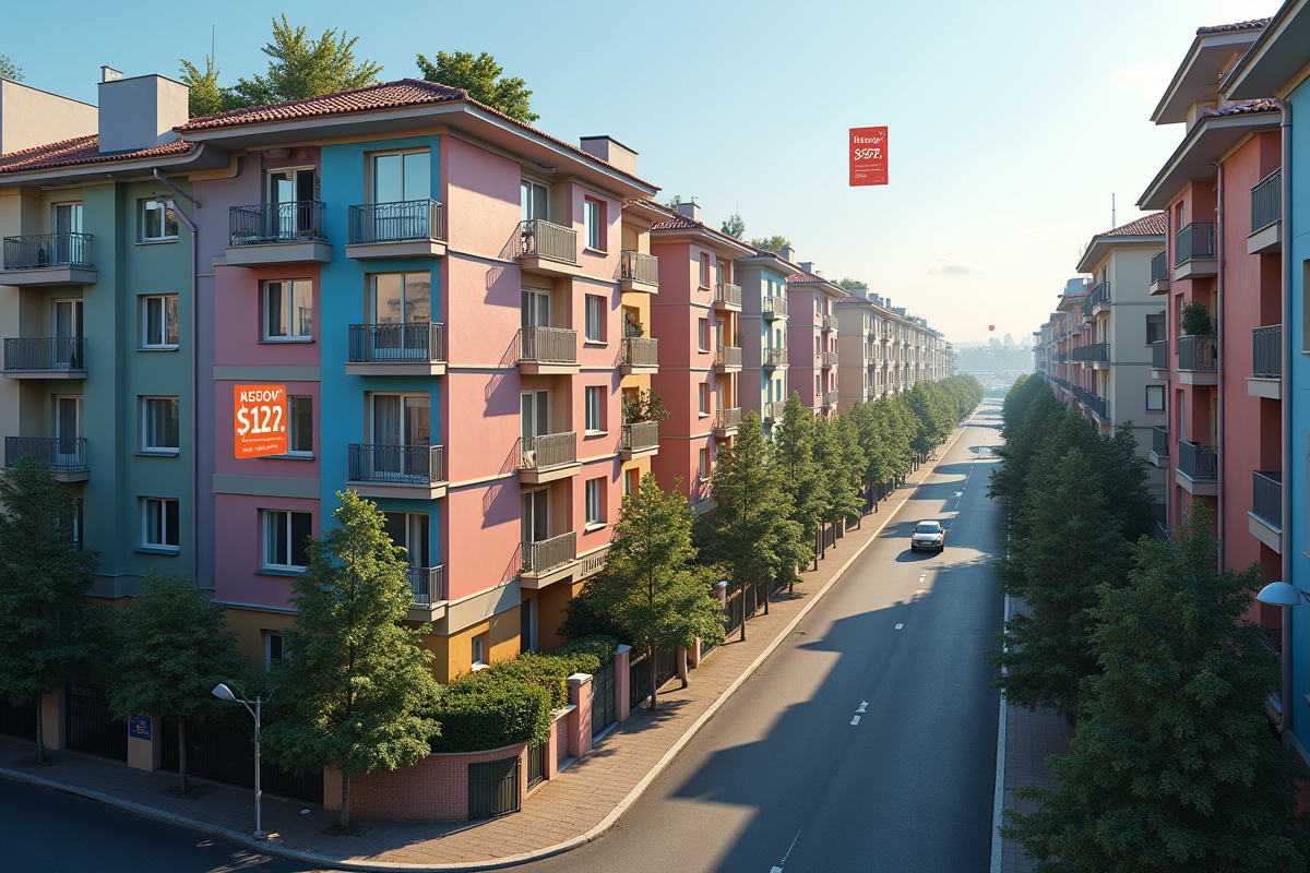 Vue aérienne d une rue urbaine avec bâtiments colorés et étiquettes de prix au m2