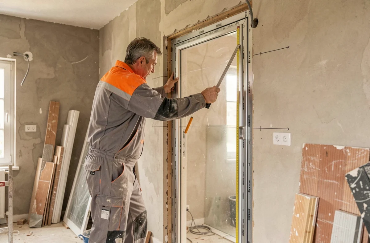 Technicien Rancon Renov installant un nouveau chambranle de porte dans une maison en rénovation