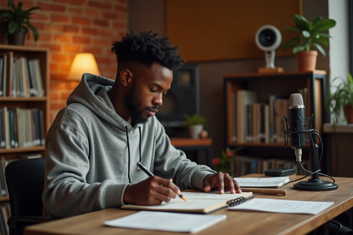 Jeune rappeur analysant ses textes manuscrits dans un studio maison aux murs de briques apparentes