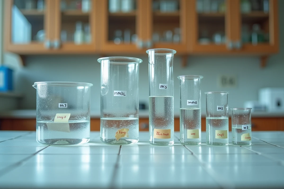 Récipients gradués transparents avec étiquettes de conversion de volumes m3, dm3, L et cm3 disposés sur une paillasse de laboratoire scolaire