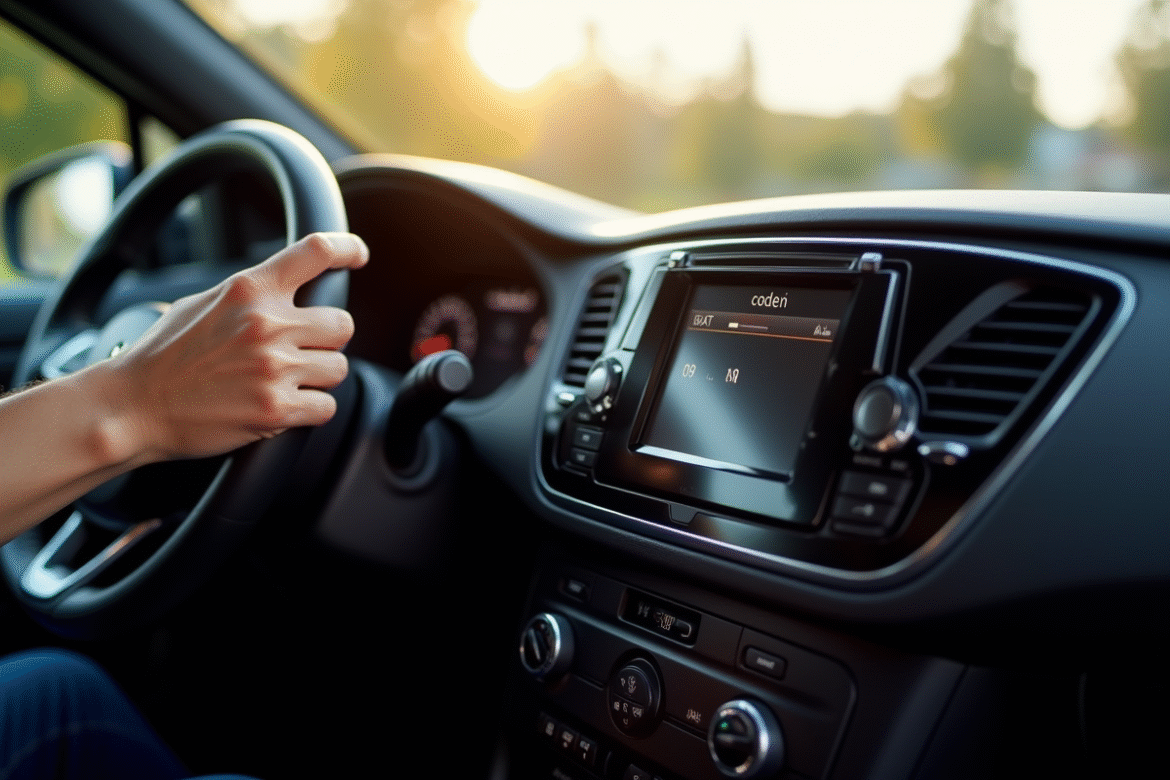 Main réglant la radio d'une Renault dans l'habitacle