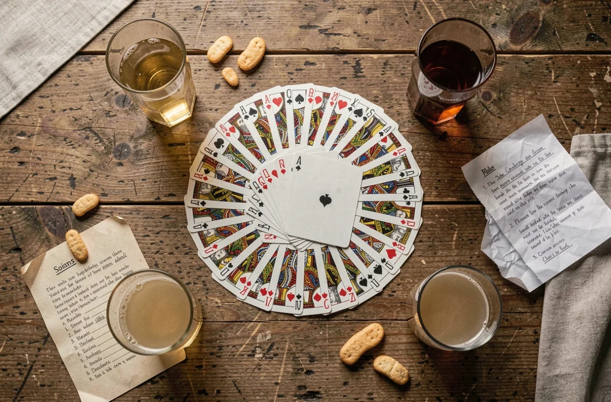 Vue de dessus d'une table avec des cartes disposées en cercle pour le jeu du Palmier et des verres de boissons