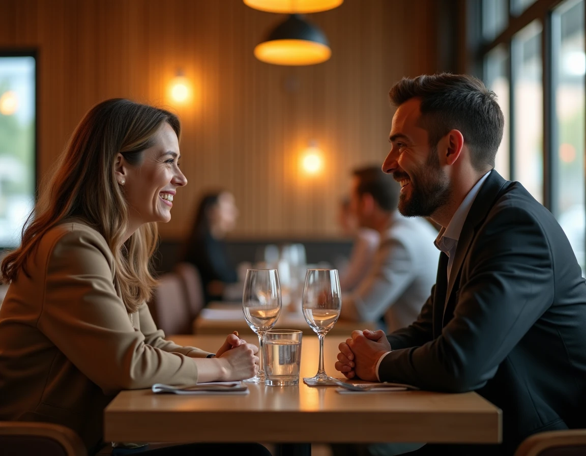 Femme mature et jeune homme en conversation complice dans un restaurant moderne, évoquant une rencontre cougar réussie