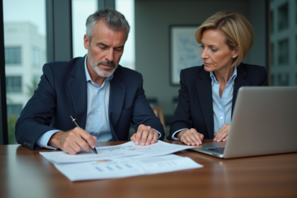 Homme et femme en réunion d'affaires analysant des rapports financiers