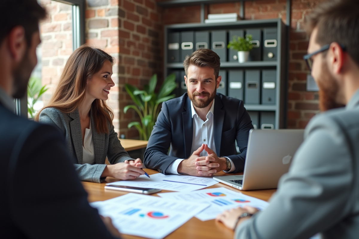 Groupe de professionnels discutant de documents de paie
