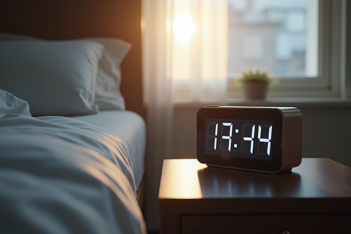 Réveil numérique affichant 4h44 au matin dans une chambre