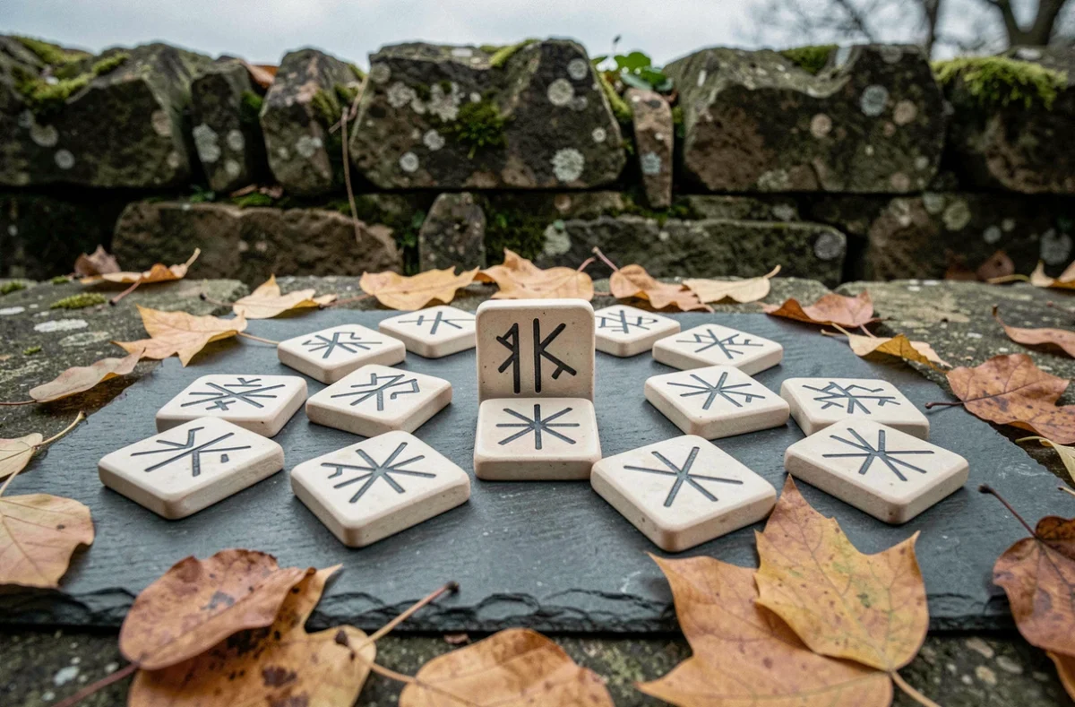 Tuiles de runes en céramique peintes avec les symboles du Futhark Ancien posées sur une pierre ardoise entourée de feuilles d'automne, divination moderne en plein air