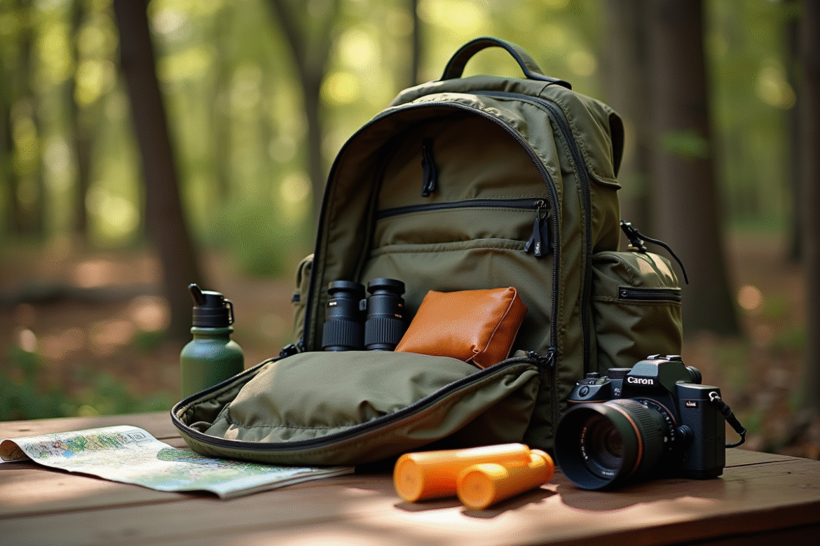 Sac à dos safari ouvert sur une table en bois avec équipement