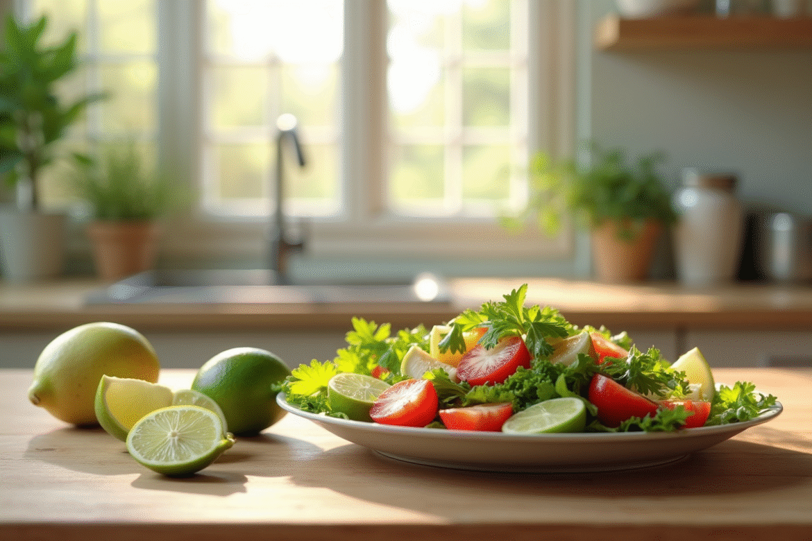 Salade végétarienne fraîche avec litchi et lime en cuisine lumineuse
