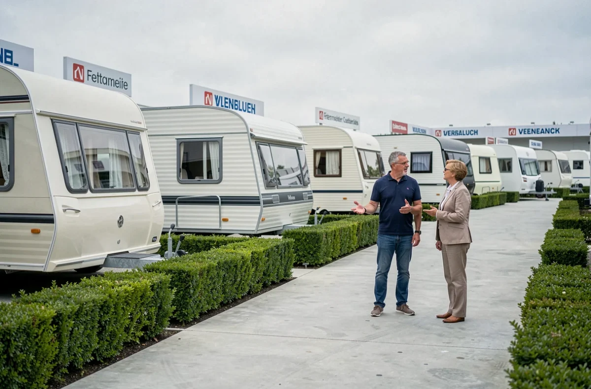 Rangée de modèles de mobil-homes exposés dans un salon de fabricants avec un vendeur conseillant des clients