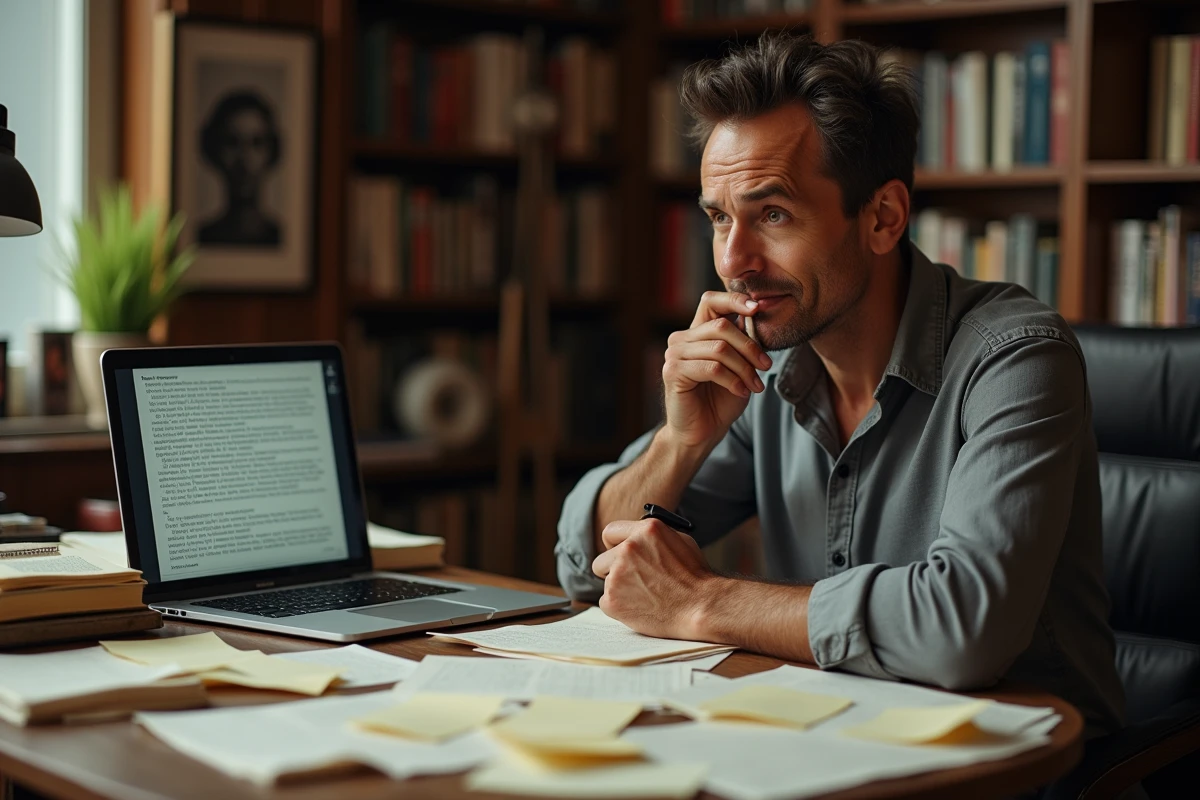 Scénariste masculin concentré à son bureau encombré de manuscrits travaillant sur une comédie noire avec expression pensive et légèrement ironique