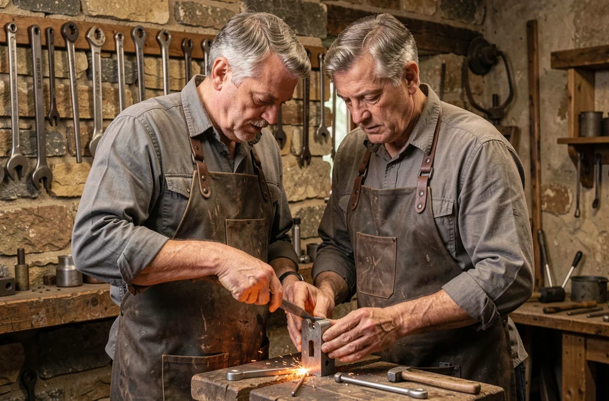 Artisan de la Serrurerie de la Forge travaillant une pièce métallique dans un atelier traditionnel