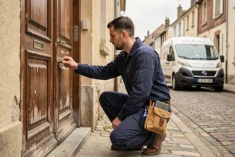 Serrurier professionnel intervenant en urgence sur une porte d'entrée dans une rue de l'Oise