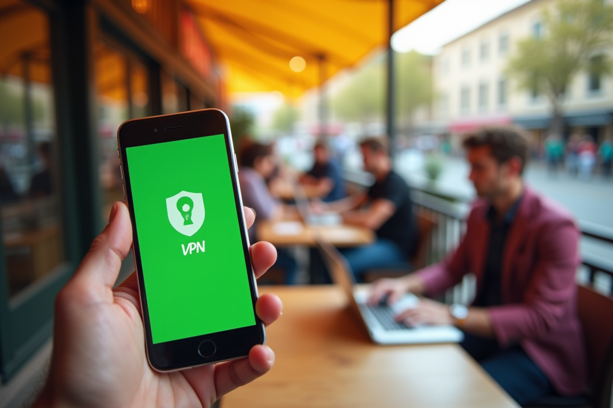 Smartphone avec application VPN dans un café urbain en plein jour