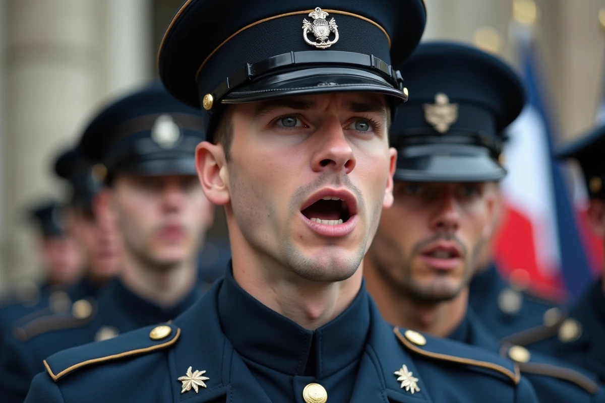 Portrait d'un soldat français chantant un chant militaire en uniforme de cérémonie avec képi