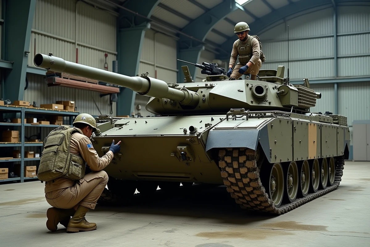 Soldats français inspectant un char Leclerc dans un hangar militaire, maintenance et vérification des équipements de combat