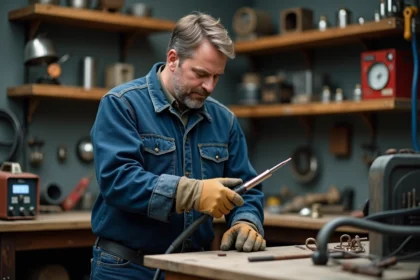 Soudeur homme sélectionnant un outil dans un atelier