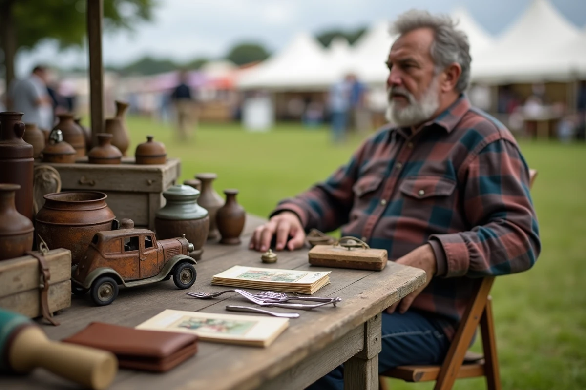 Stand de brocante en plein air avec objets vintage posés sur une table en bois abîmée