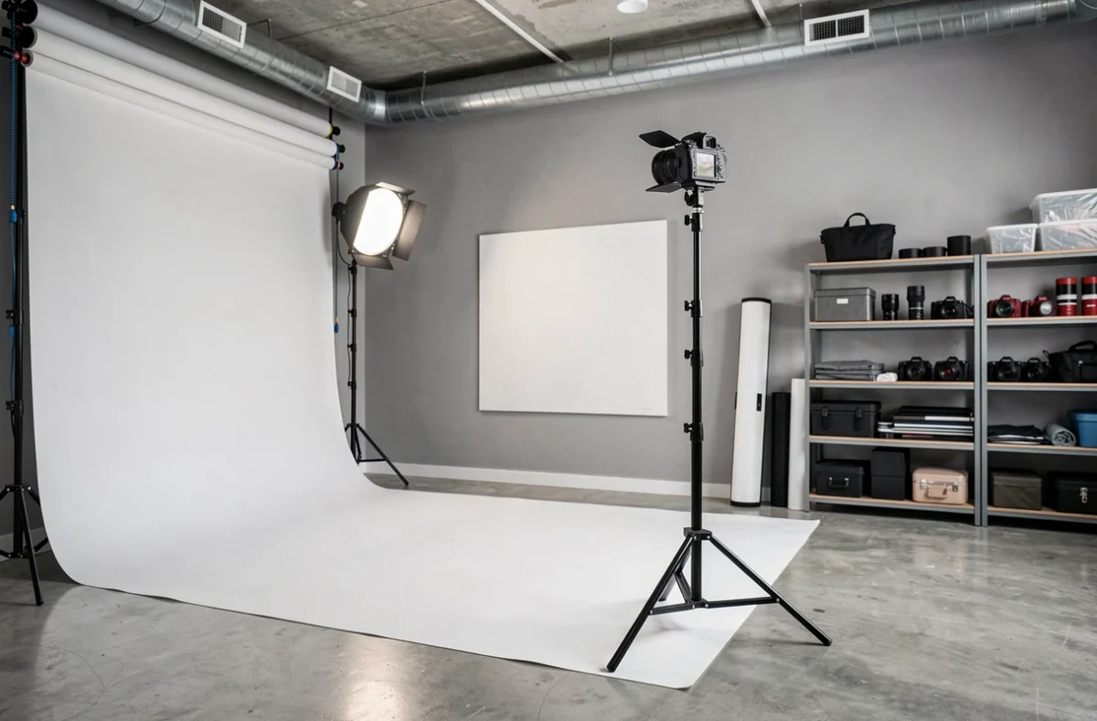Intérieur d'un studio photo professionnel avec fond blanc, équipements et tirages encadrés représentant l'environnement de Studio Caplain