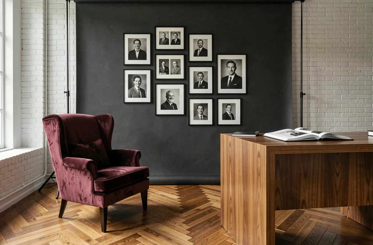 Studio photo élégant avec fond anthracite, fauteuil en velours et portraits encadrés au mur représentant l'ambiance haut de gamme de Studio Mabille