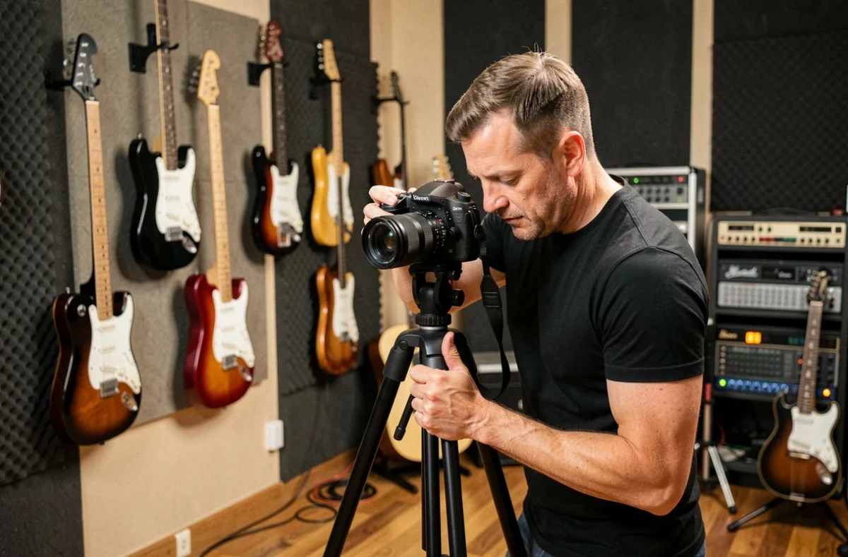 Photographe installant son équipement dans un studio musical avec des guitares au mur, représentant l'univers de Studio Music Photographe