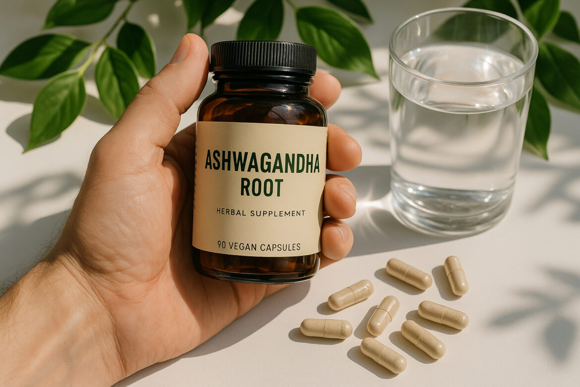 Photo hyperrealiste d'une bouteille d'ashwagandha avec des gélules sur une table blanche