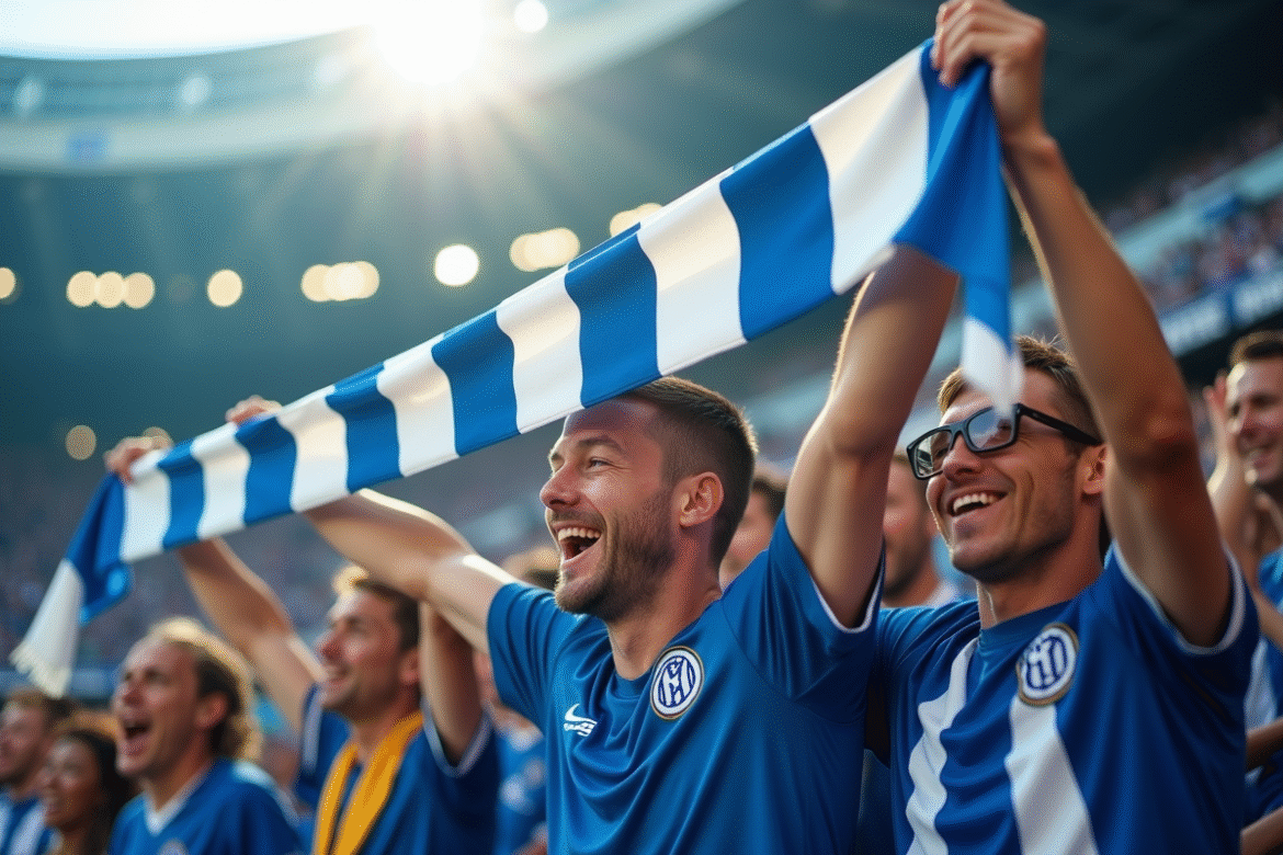 Supporters de football en stade avec écharpes bleues et blanches