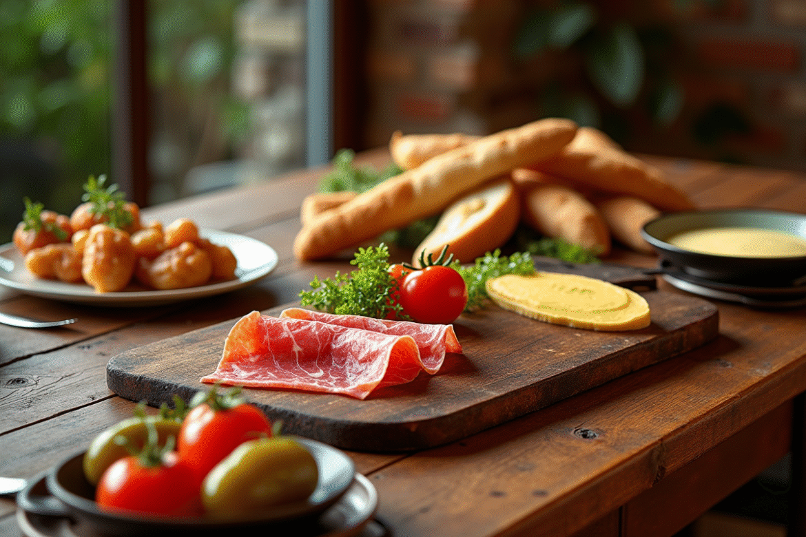 Table en bois pour raclette avec charcuterie et légumes