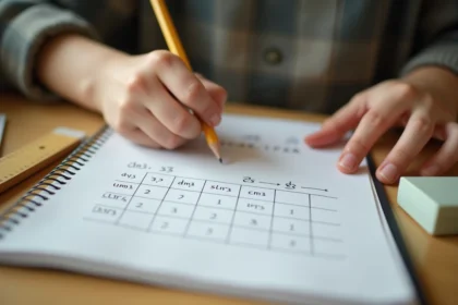 Élève de collège travaillant sur un tableau de conversion de volumes avec les unités m3, dm3 et cm3 sur un cahier de mathématiques