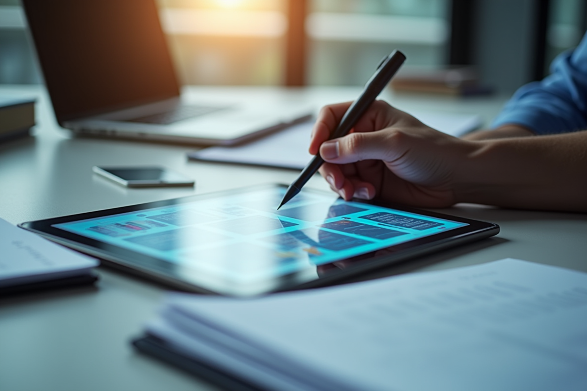 Main utilisant une tablette et des papiers sur un bureau moderne