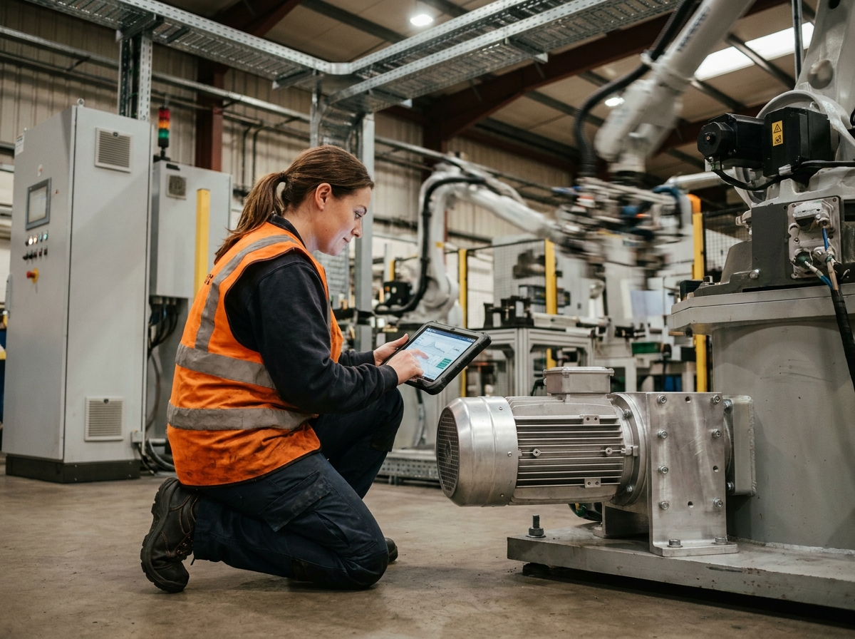 Technicienne en automatisation configurant un entraînement décentralisé sur un poste robotisé en usine automobile