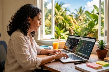 Femme en télétravail en Guadeloupe consultant deux écrans affichant des fuseaux horaires différents depuis son bureau à domicile tropical