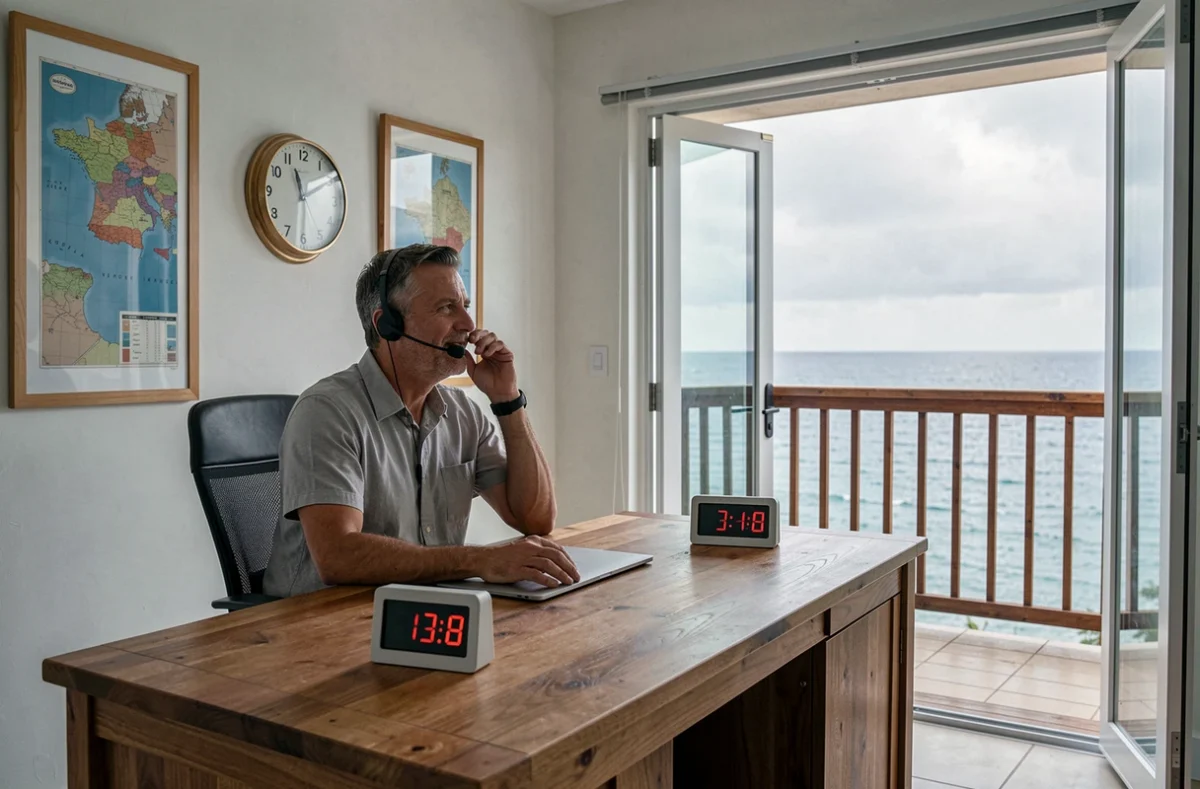 Homme en télétravail depuis la Guadeloupe en visioconférence avec la métropole française, horloge montrant le décalage horaire sur son bureau