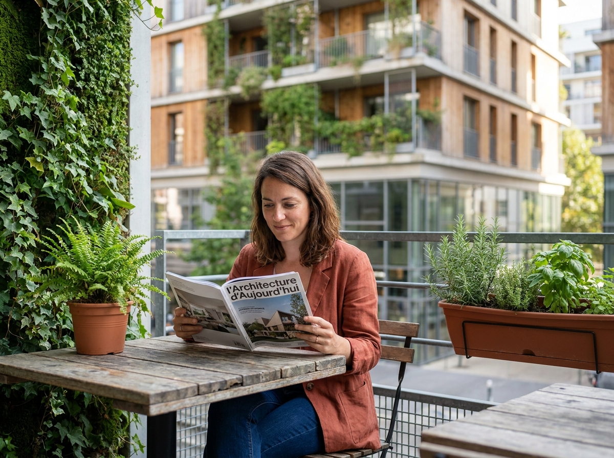 Femme assise en terrasse de café devant un mur végétal dans le quartier Confluence de Lyon